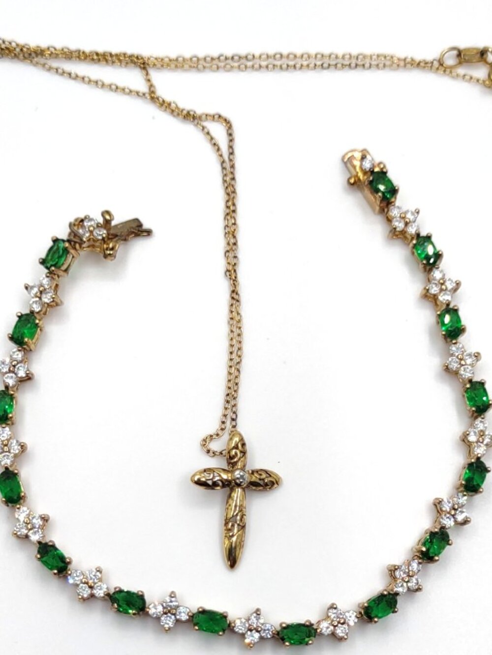 2-Piece-Set - Cross Necklace + CZ Bracelet 7" Sterling Silver 925+Gold Overlay